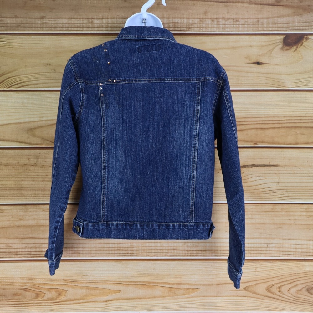 Love Jeans Cropped Denim Jacket Womens Size S Blue Dark Wash Rhinestones Pockets - Picture 2 of 8